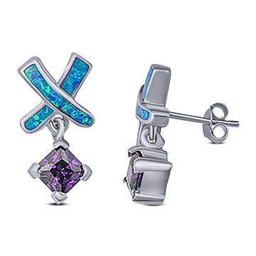 Cross Stud Earring Lab Created Blue Opal Princess Simulated Amethyst CZ 925 Sterling Silver (20mm)